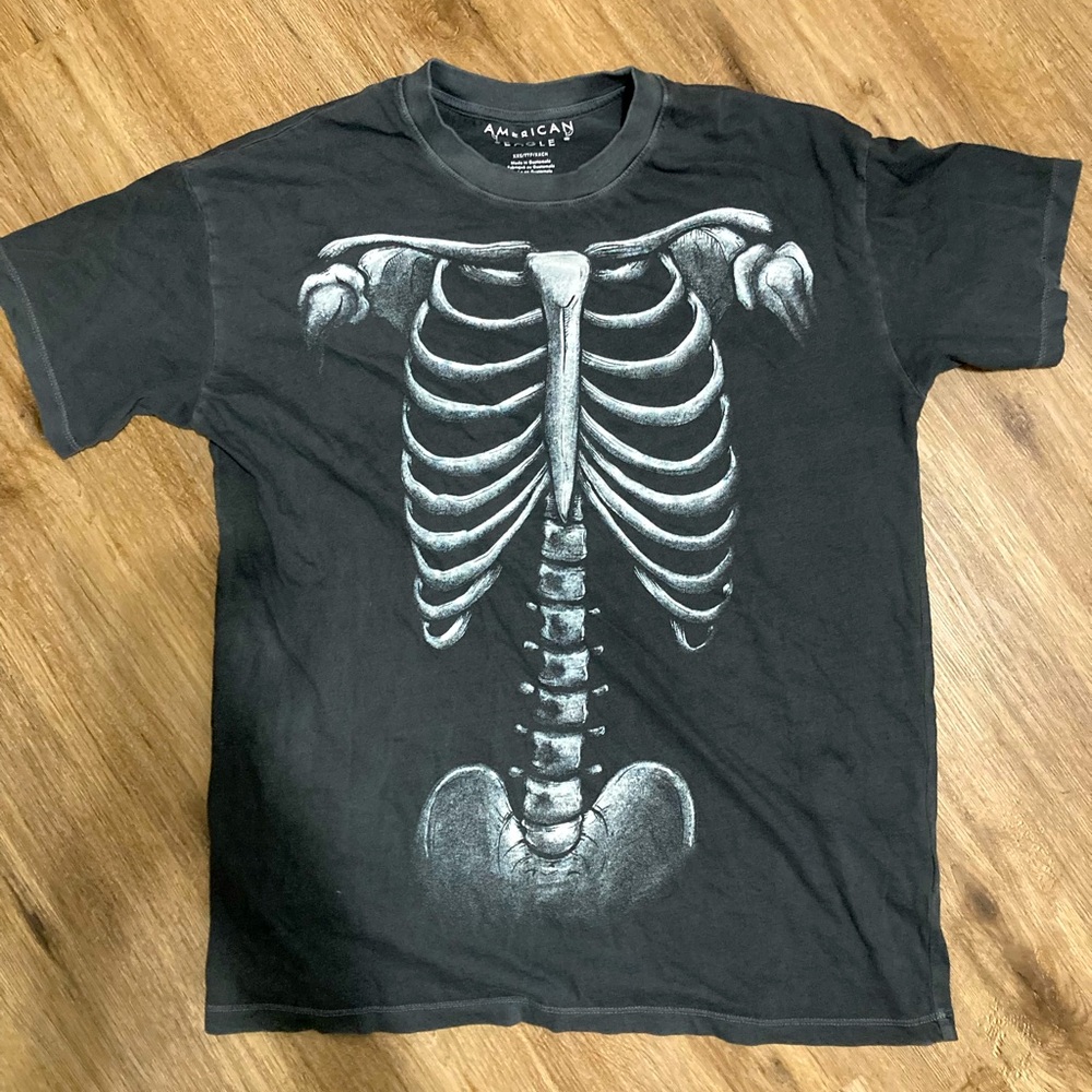 American Eagle Outfitters Black Tee with White Skeleton Ribcage Print
